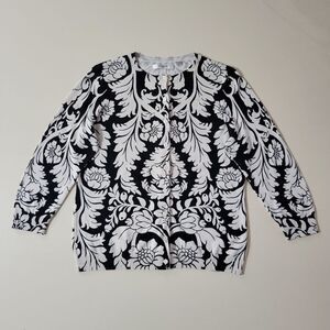 Liz Claiborne Silk Black White Floral Cardigan Knit Sweater